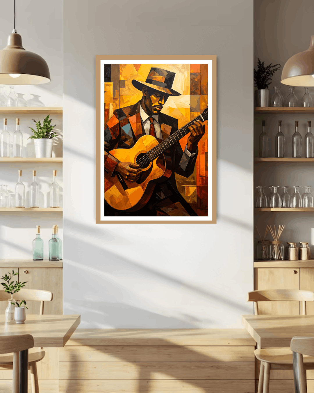 Framed artwork of a man playing guitar on a wall in a modern interior setting.
