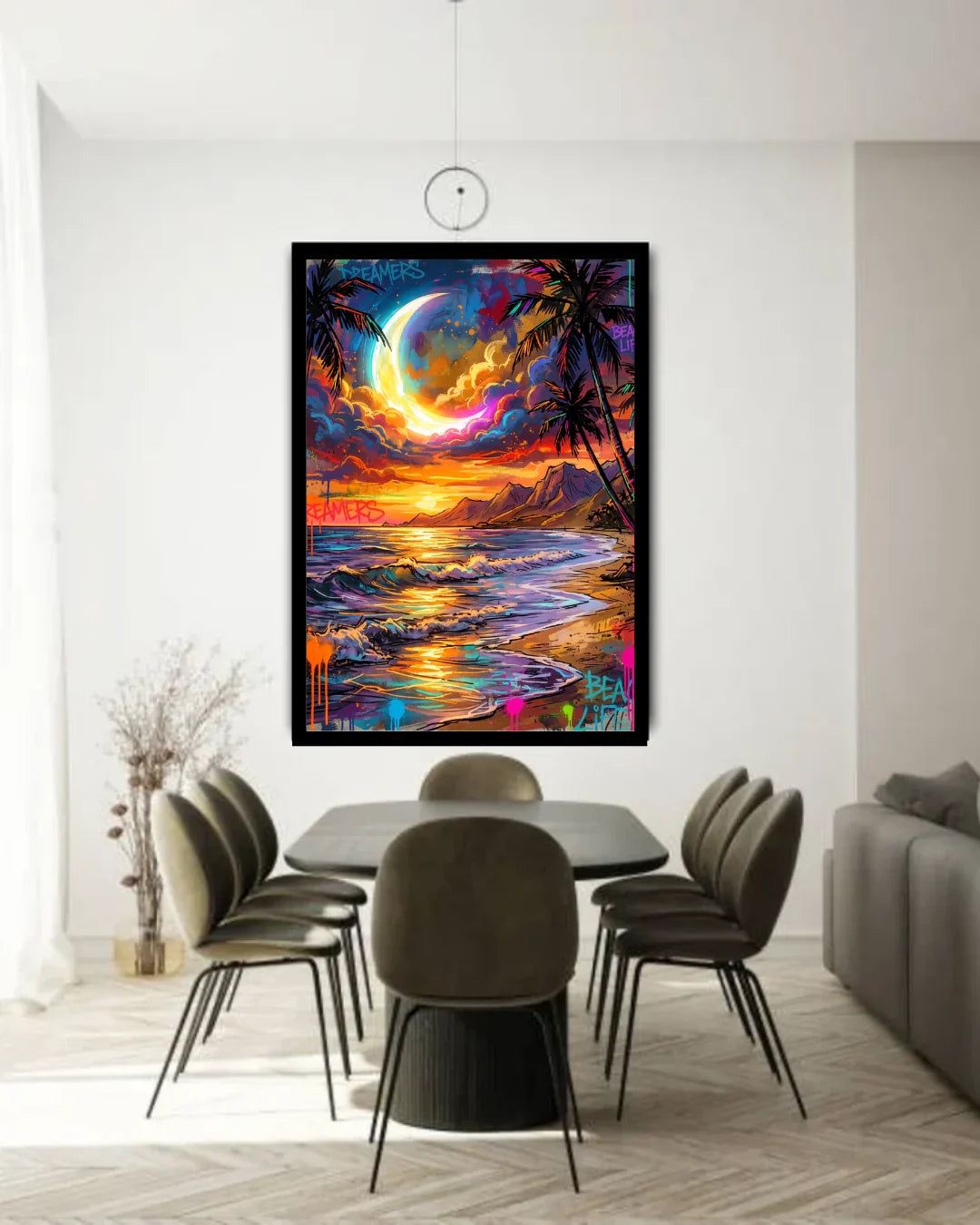 Framed artwork of a colorful sunset over water in a modern living room.
