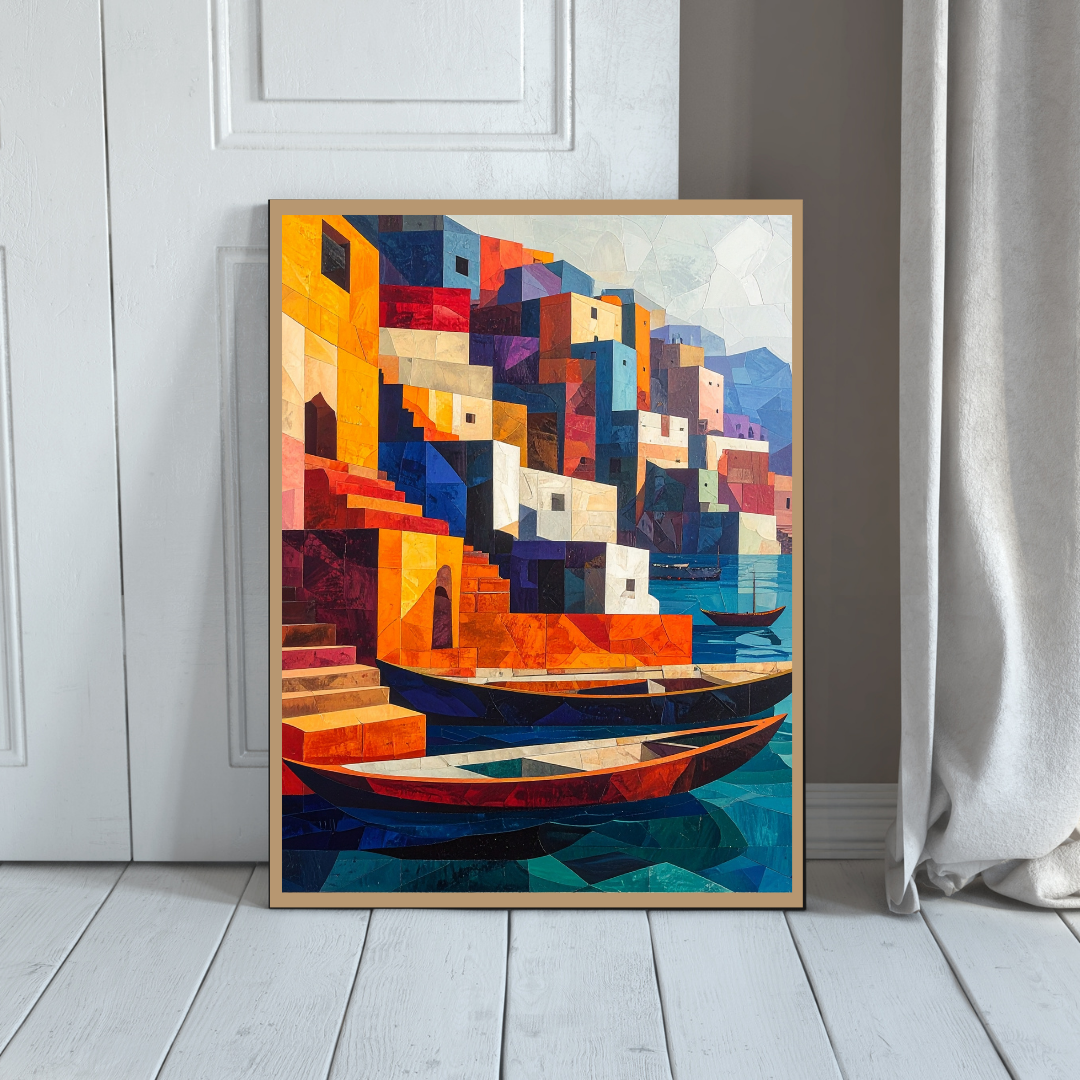 Cubist Riverfront: Boats and Sunlit Steps