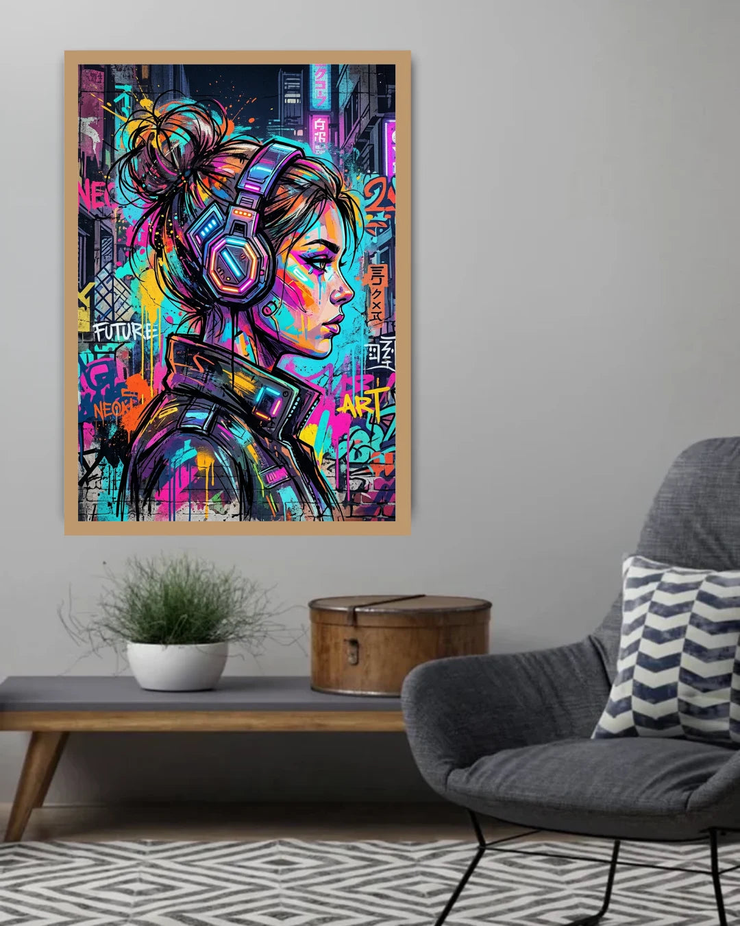 Colorful abstract art of a woman with headphones on a gray wall above a coffee table.