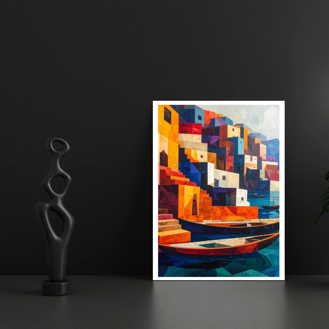 Cubist Riverfront: Boats and Sunlit Steps