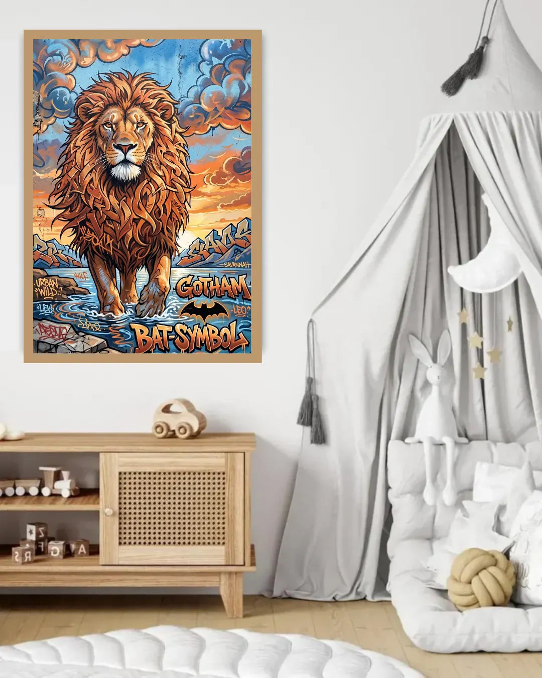 Colorful lion poster on a wall in a child&