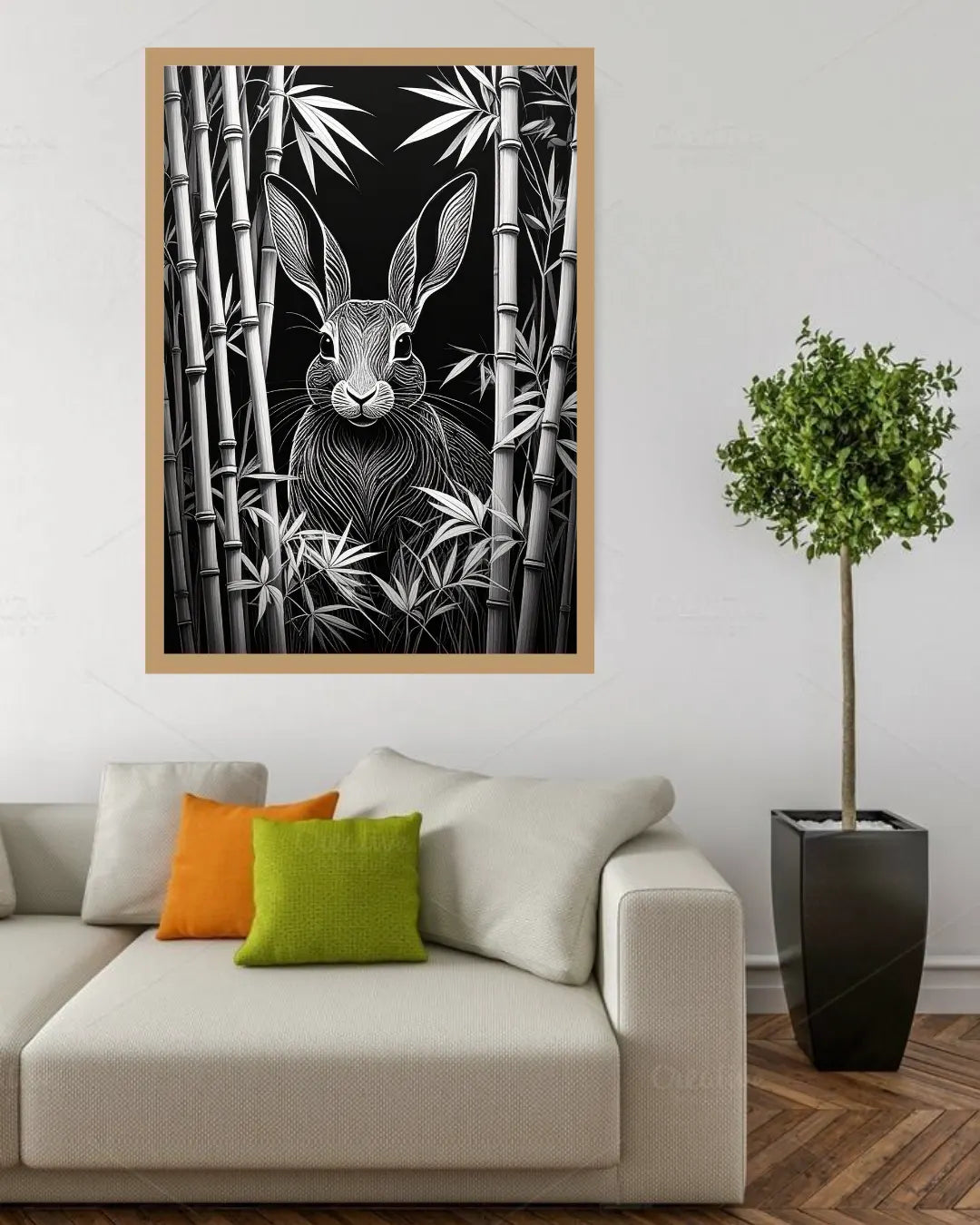 Black & White Rabbit in Bamboo – Wall Art Canvas
