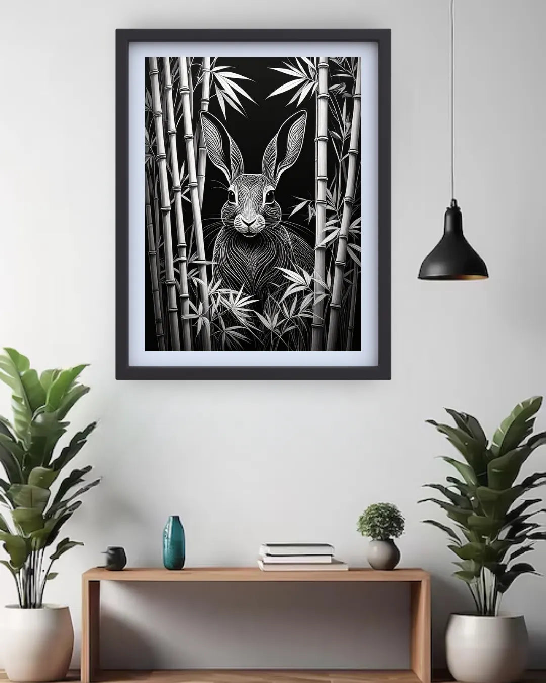 Black & White Rabbit in Bamboo – Wall Art Canvas