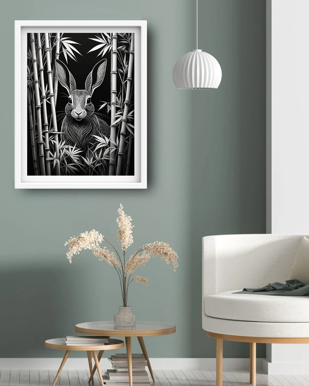 Black & White Rabbit in Bamboo – Wall Art Canvas