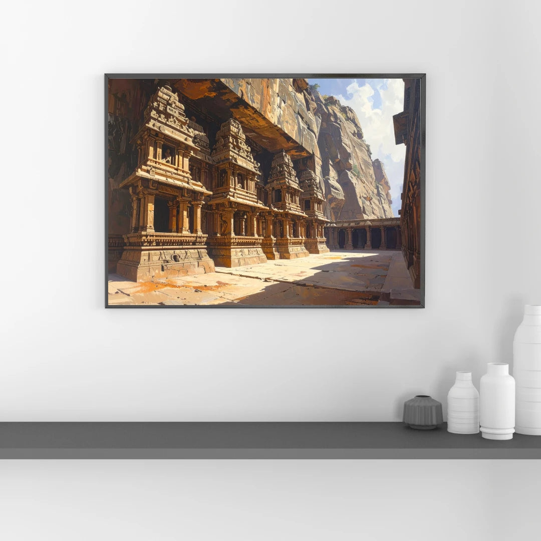 Ancient rock cut temple canvas wall art on minimal interior wall