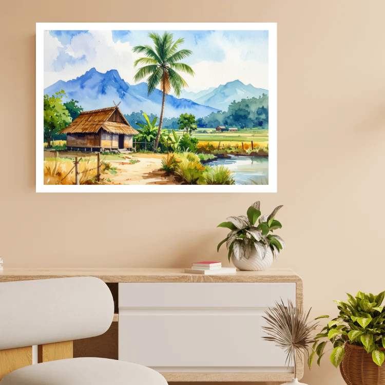 Beautiful Village Landscape Watercolor Painting – Wall Art Canvas WallArtVibes