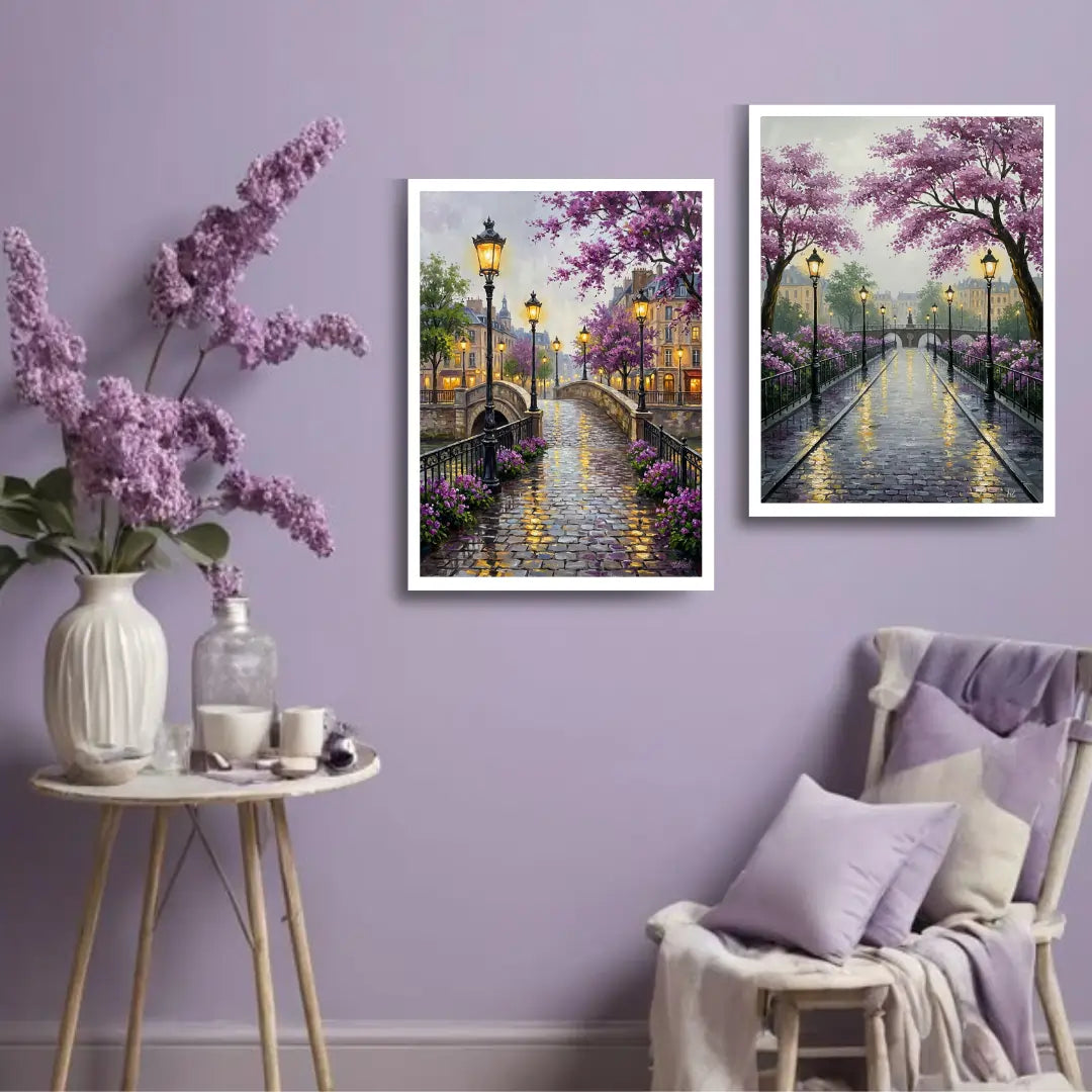 Rainy evening floral street canvas artwork