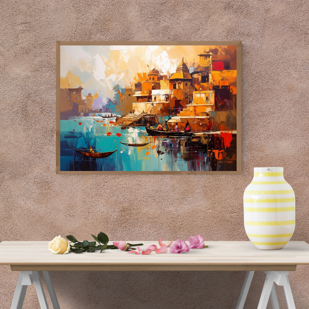 Varanasi Ghat Painting - Indian Heritage Canvas Wall Art