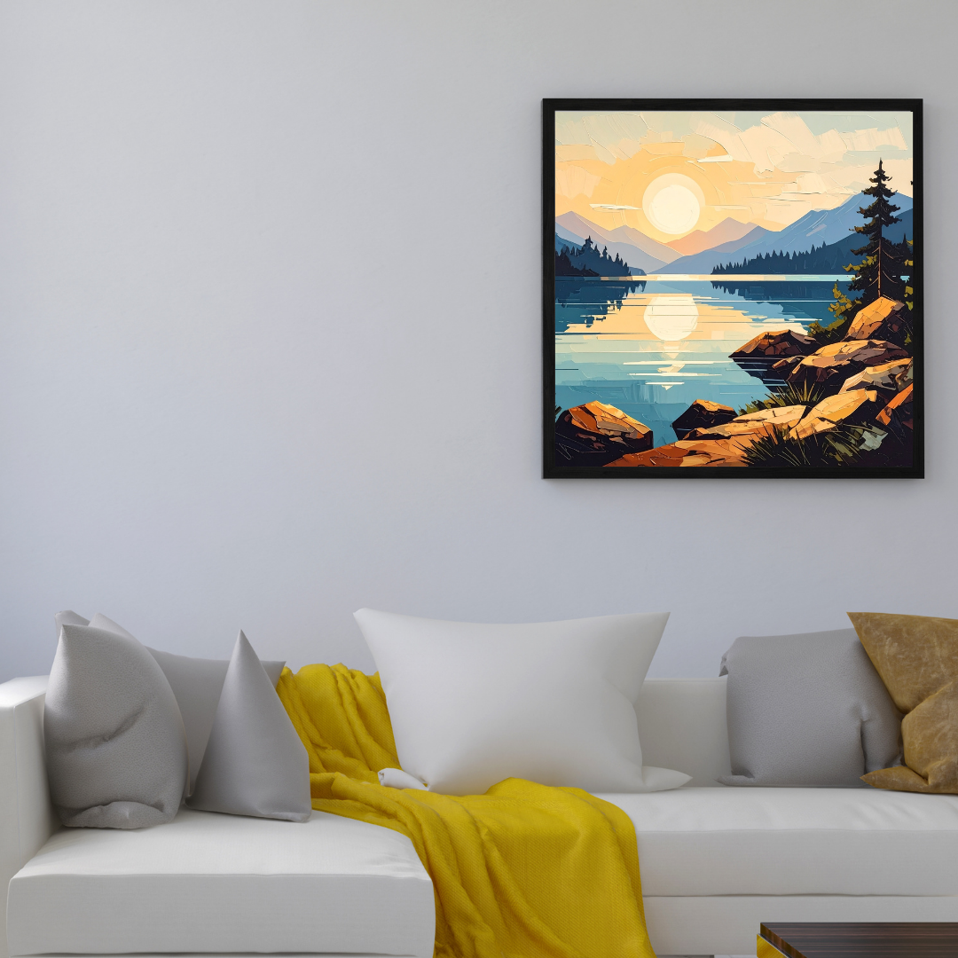 Geometric Mountain Lake Sunset Canvas Art - Retro Nature