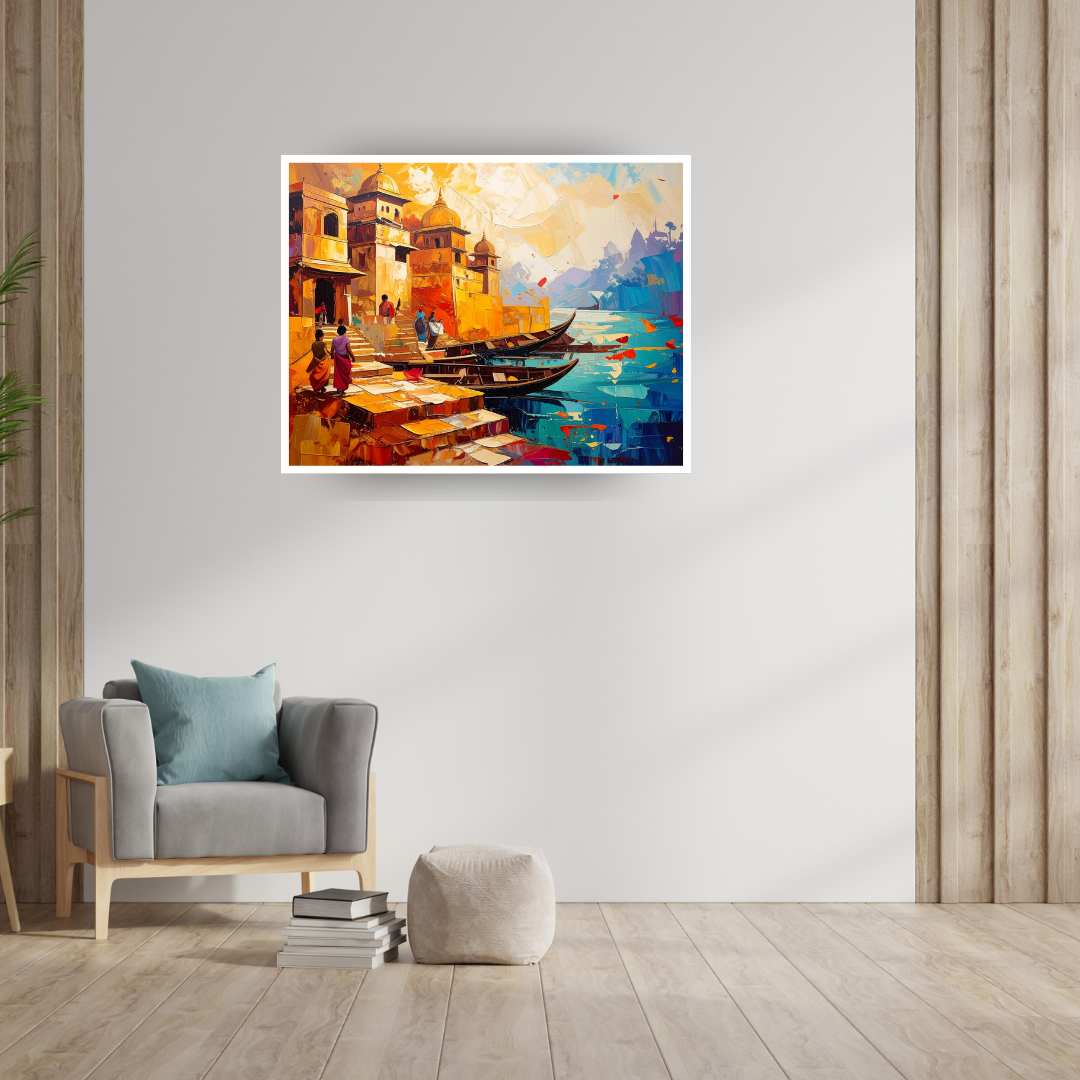 Indian Ghat Heritage Canvas Art - Traditional Riverside Wall Art