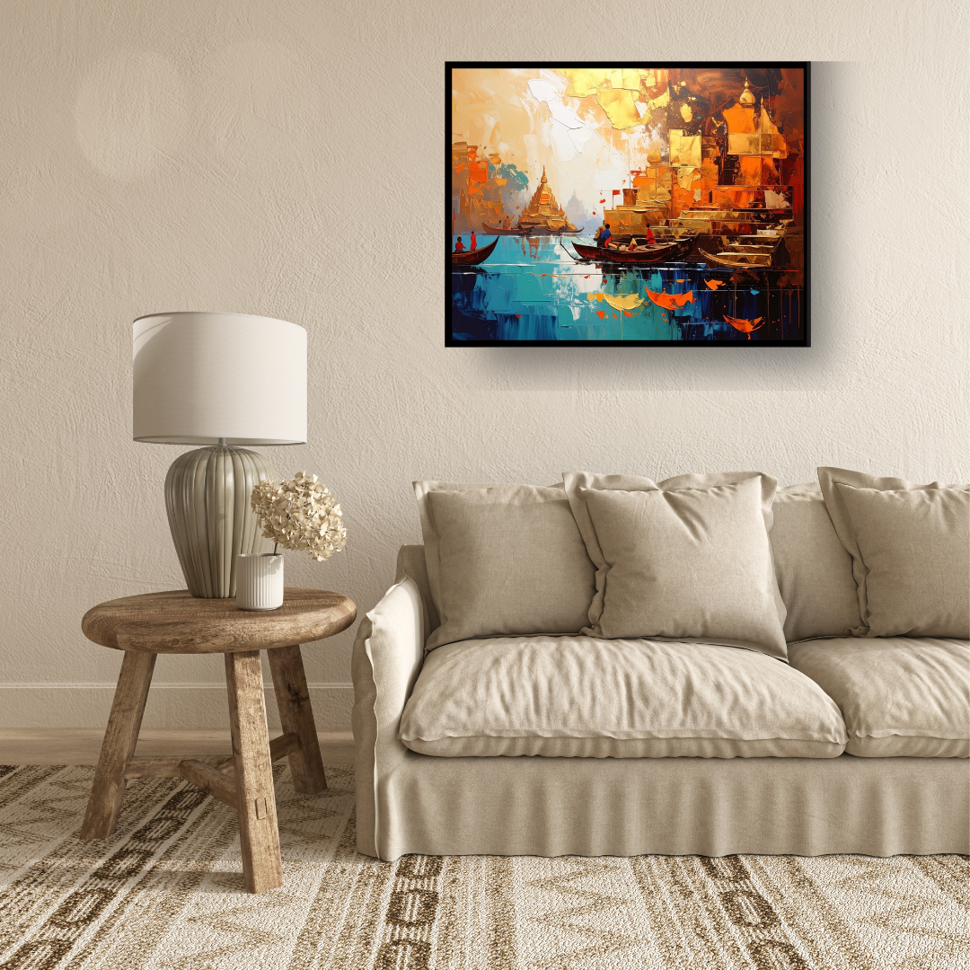 Asian Temple Waterfront Art - Pagoda & Boats Canvas Painting