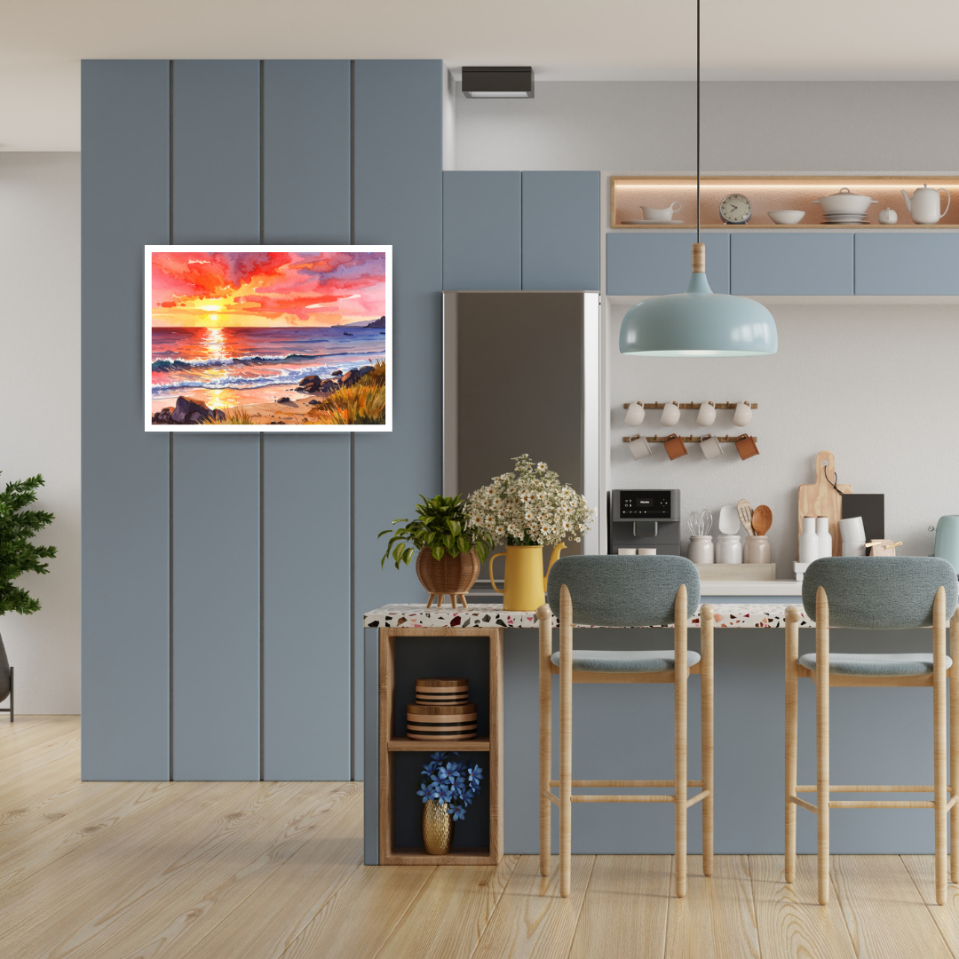 Sunset Beach Canvas Painting- Watercolor Coastal Wall Art