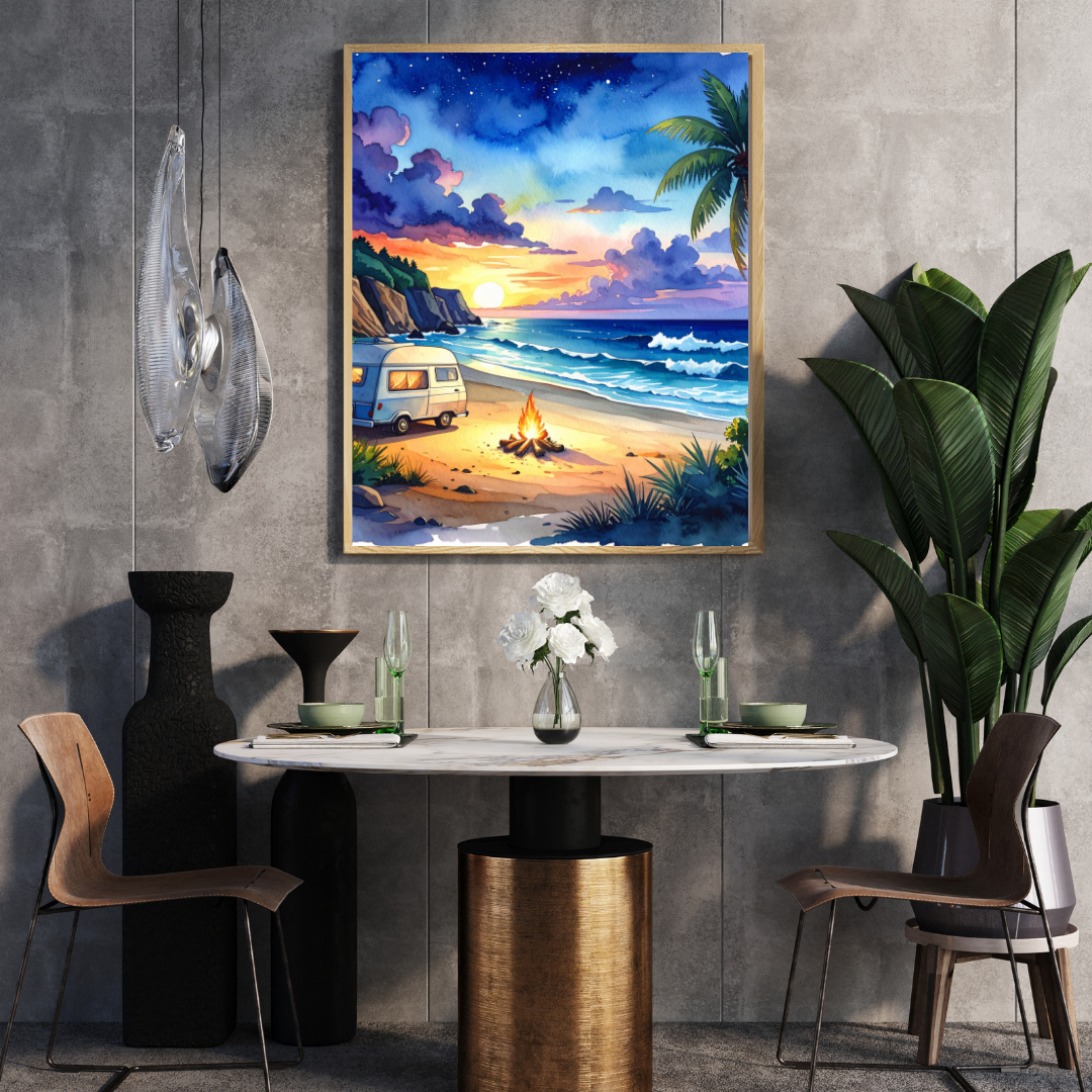 70s Beach Van Sunset Canvas - Retro Hippie Surf Painting