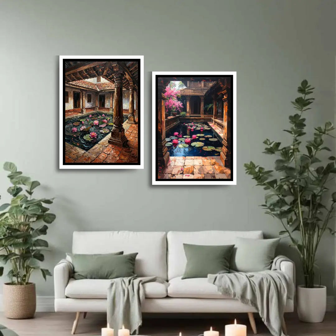 Traditional courtyard canvas wall art set