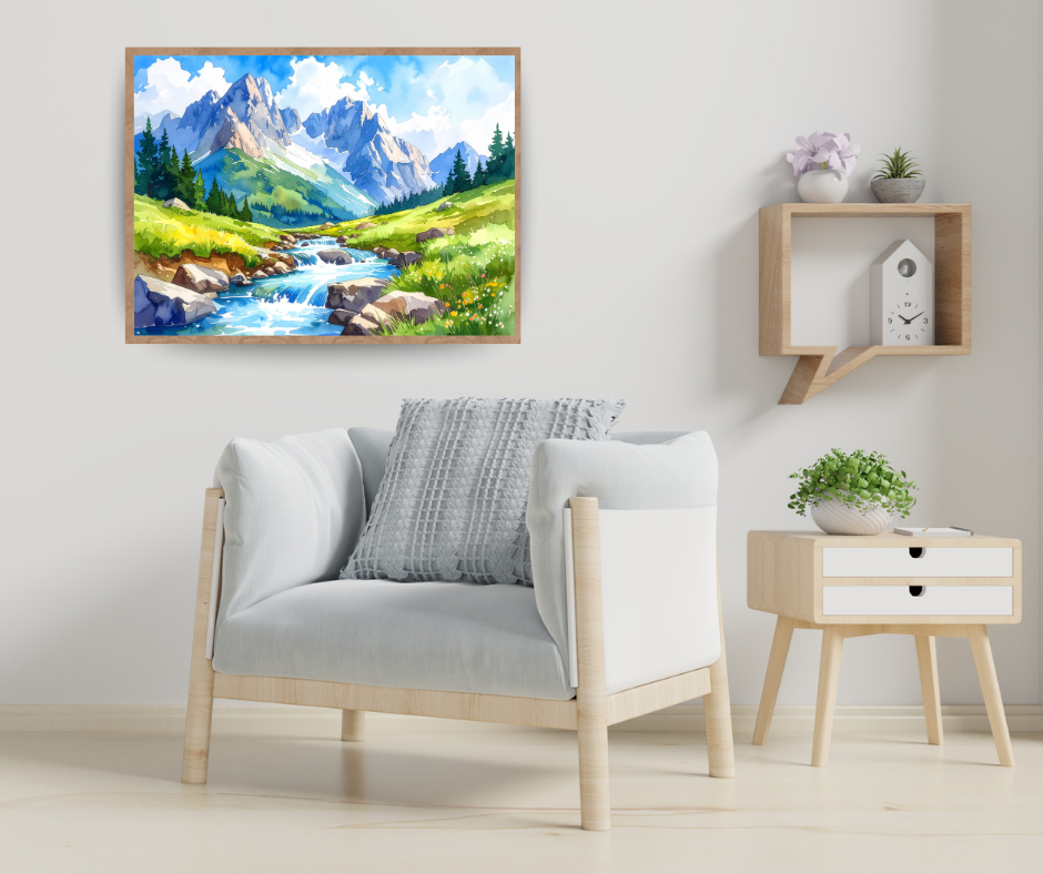 Flowing Mountain Stream Canvas - Alpine Watercolor Wall Decor