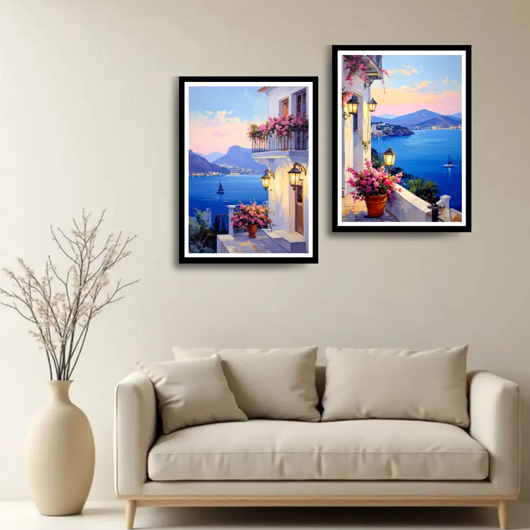 Ocean view Mediterranean canvas wall art set of two
