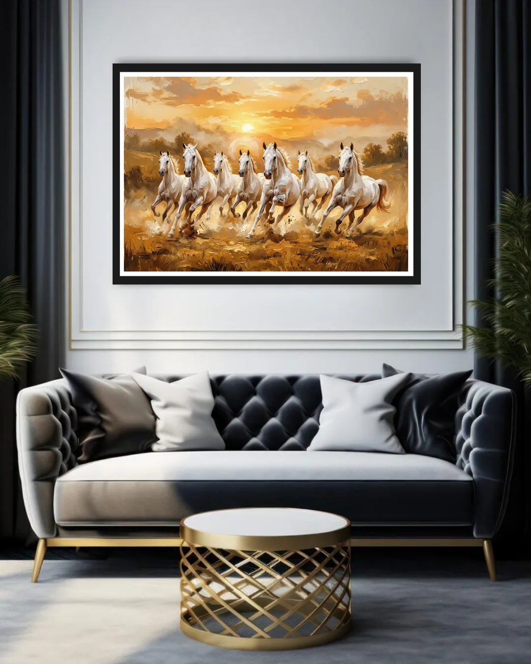 Framed artwork of horses running in a field above a sofa with decorative pillows.