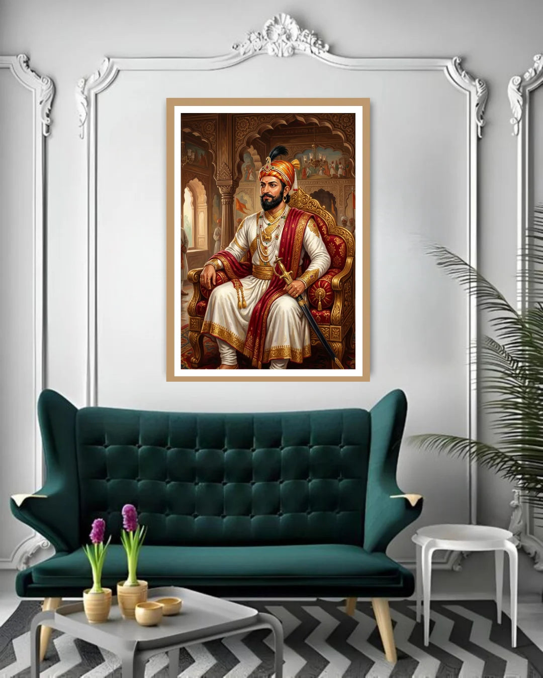 Framed portrait of a man in regal attire above a teal sofa in a stylish living room.