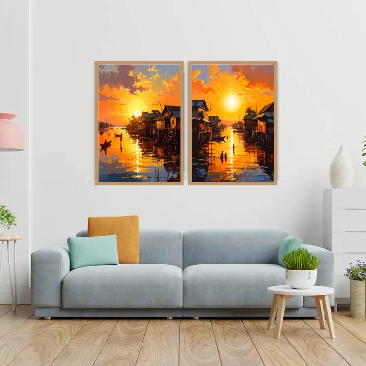 Riverside in Radiant Light - Set Of 2 - Wall Art Canvas WallArtVibes