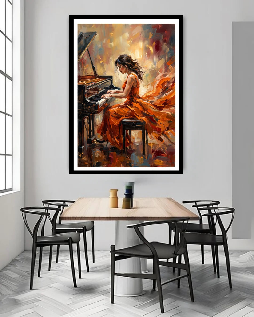 Dining room with a large painting of a woman playing a piano on the wall.