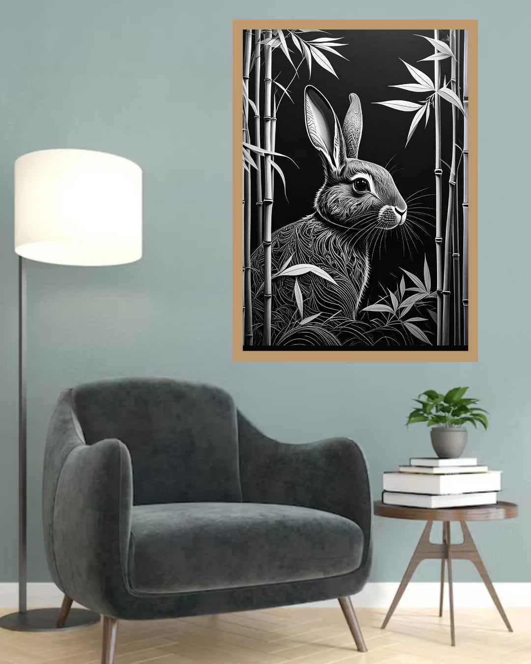 Monochrome Rabbit in Bamboo – Wall Art Canvas
