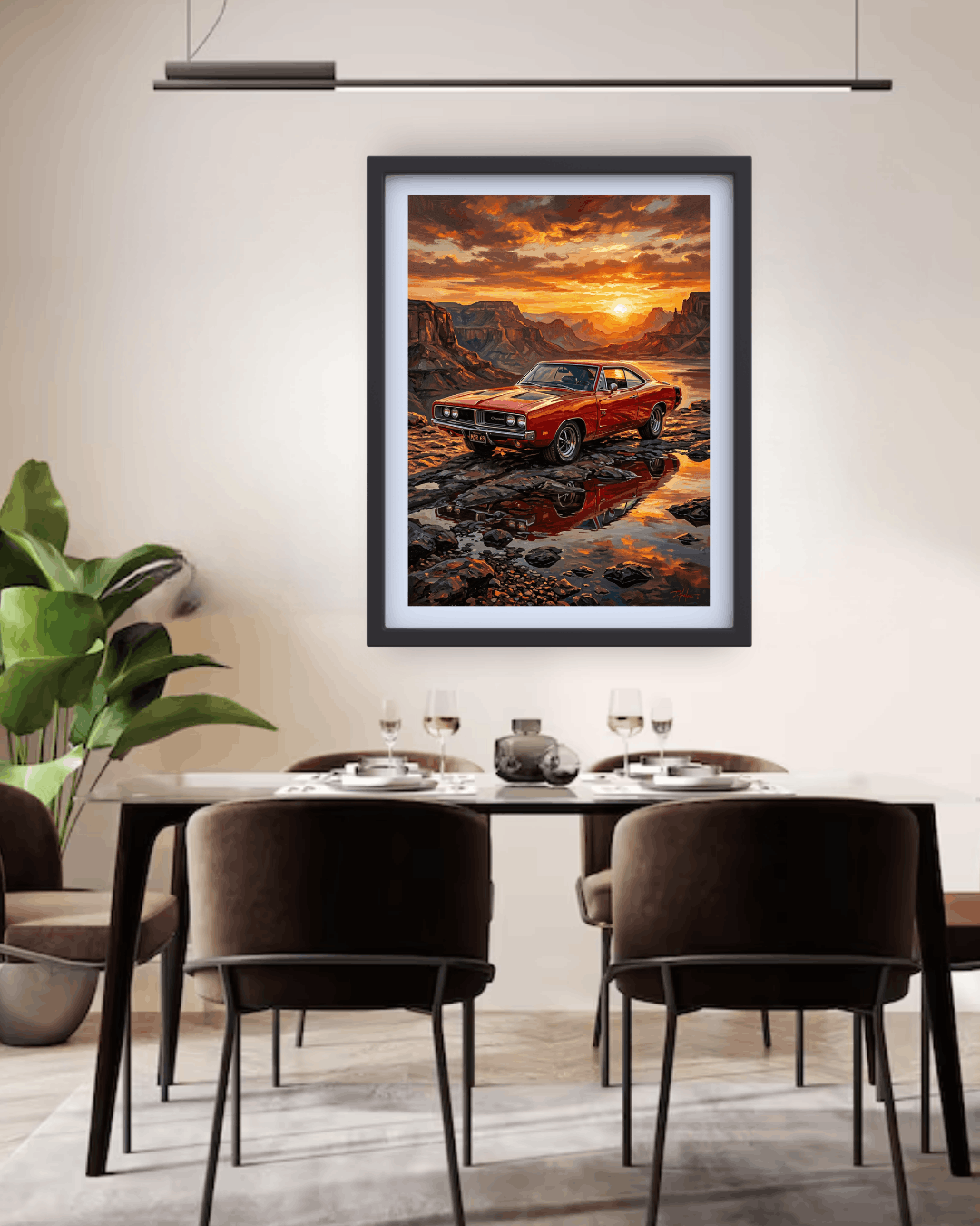 Framed artwork of a red car at sunset over water in a dining room.