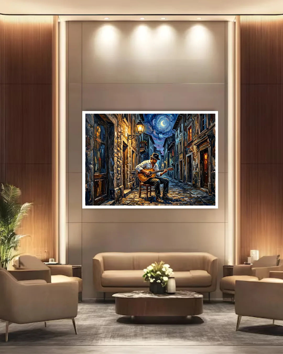 Framed artwork of a musician playing guitar on a city street in a modern living room.