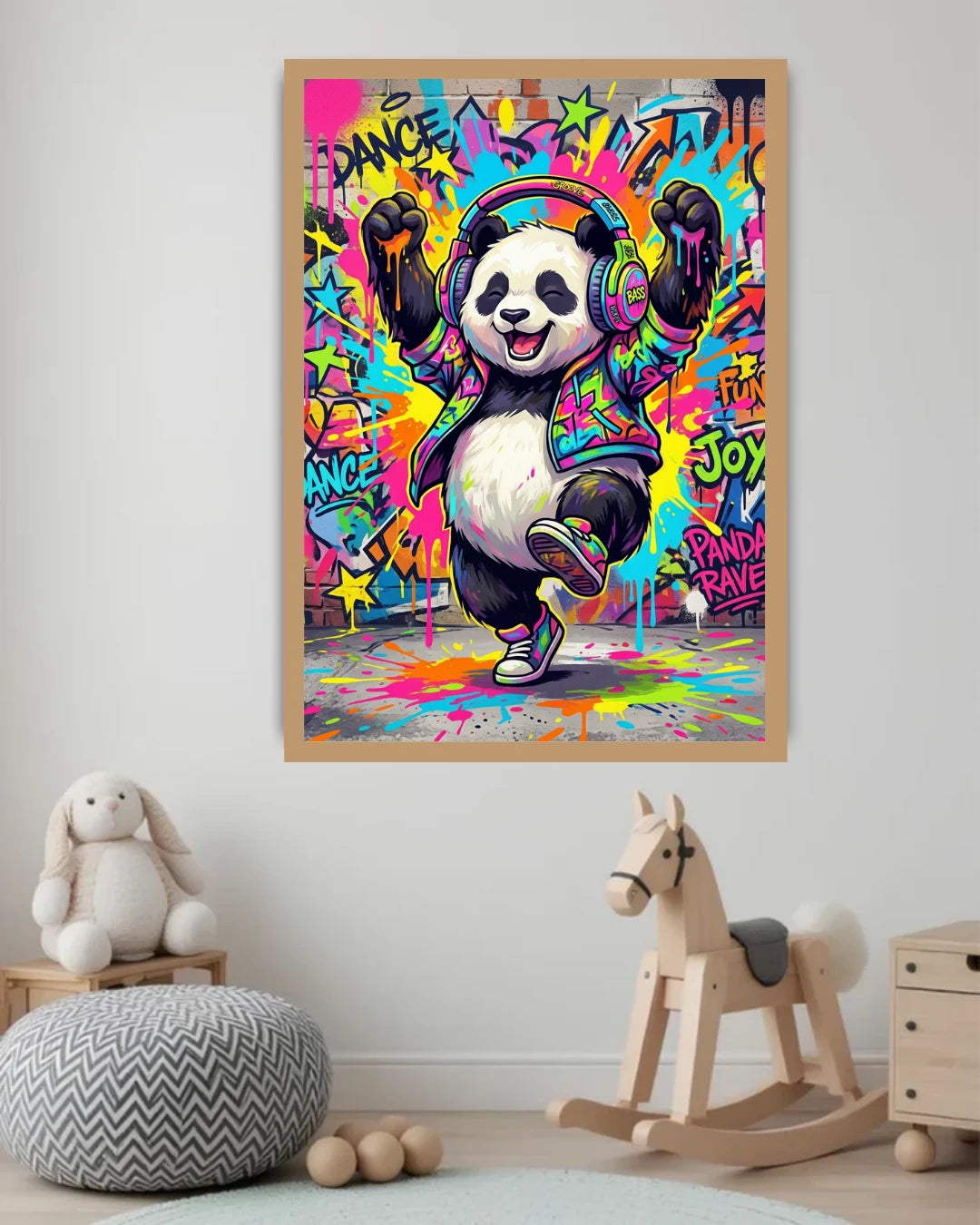 Colorful poster of a panda dancing with headphones in a child&