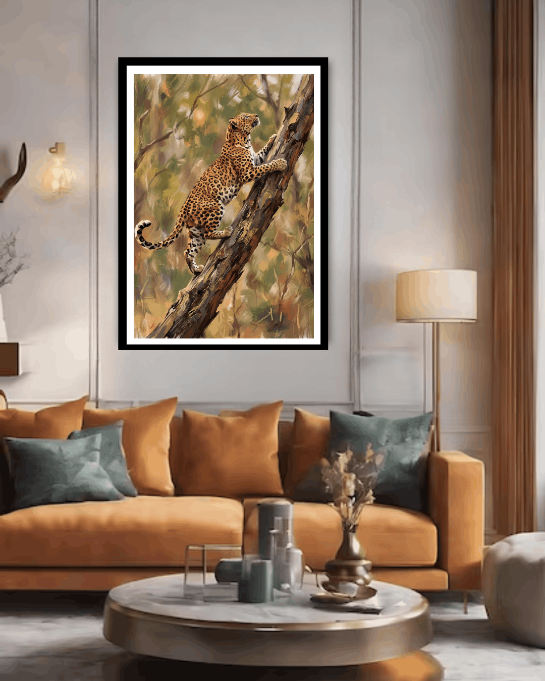 Living room with a framed painting of a leopard on a tree branch, orange sofa, and decorative items.