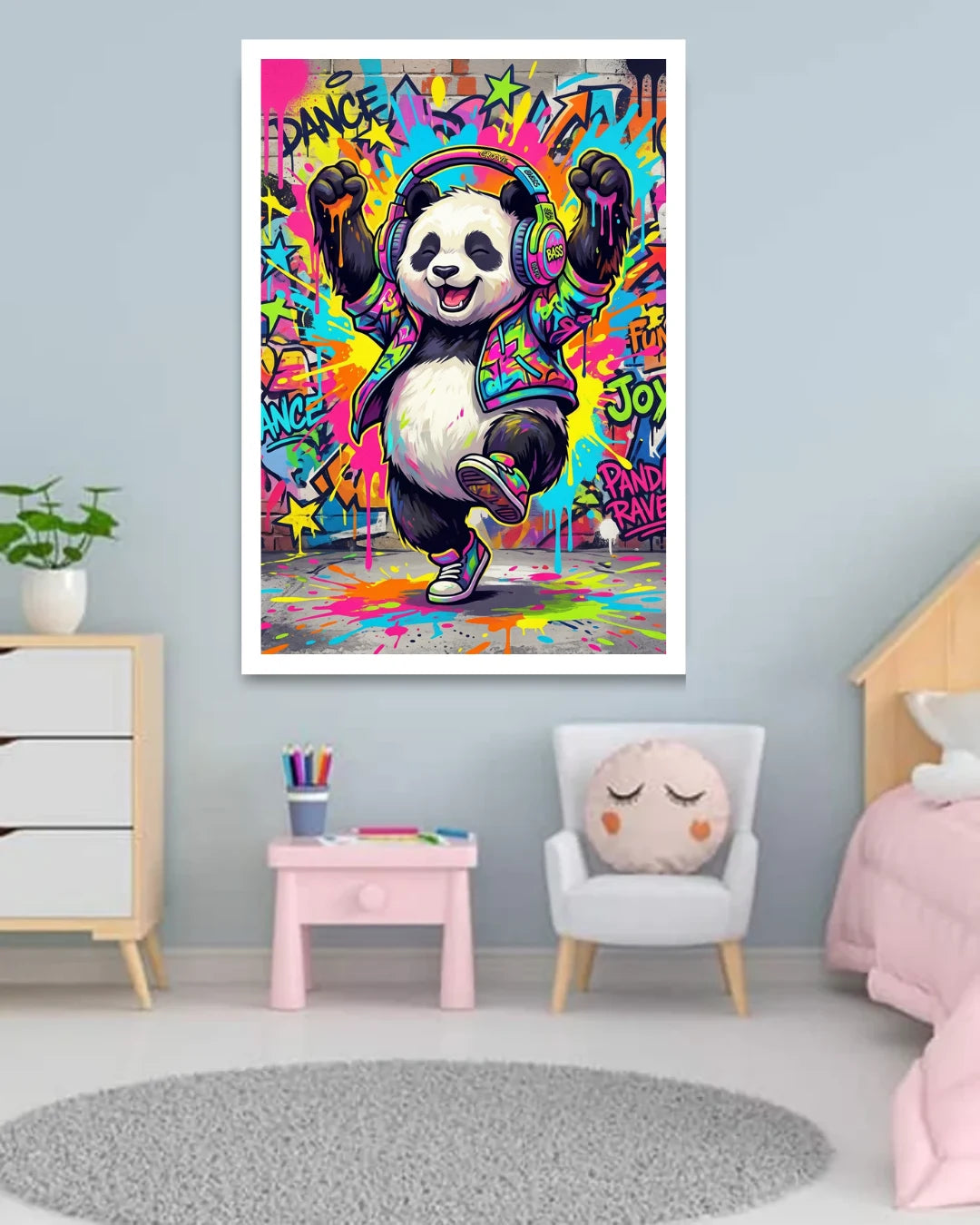 Colorful panda poster with headphones on a wall in a child&