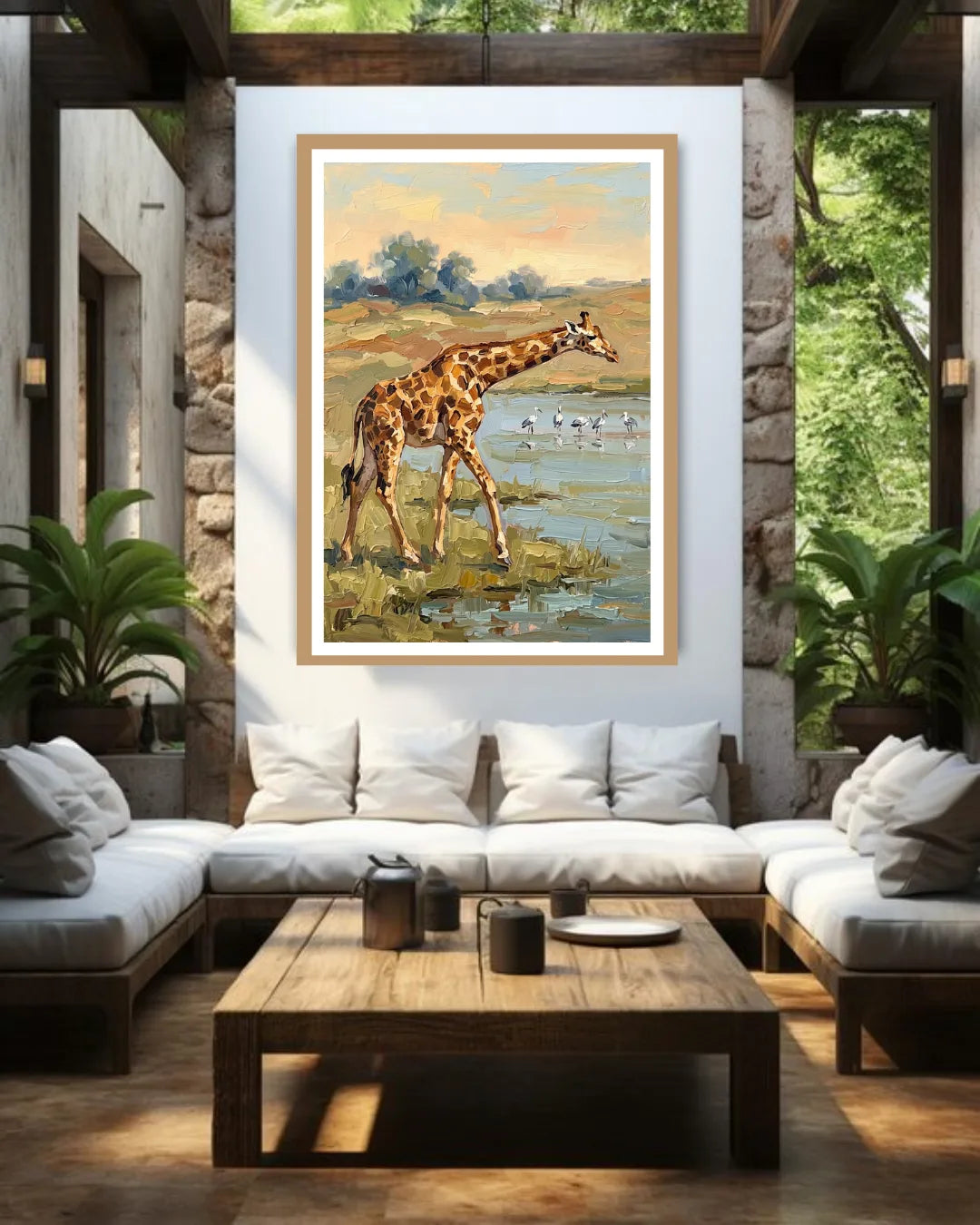 Living room with a giraffe painting on the wall, surrounded by plants and furniture.