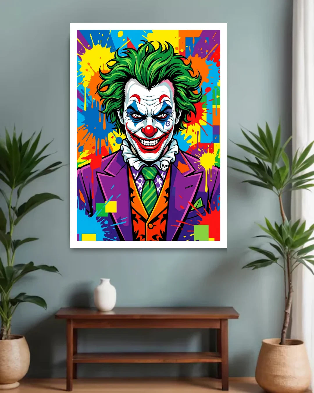 Colorful poster of a character with green hair and purple suit on a wall above a wooden shelf.