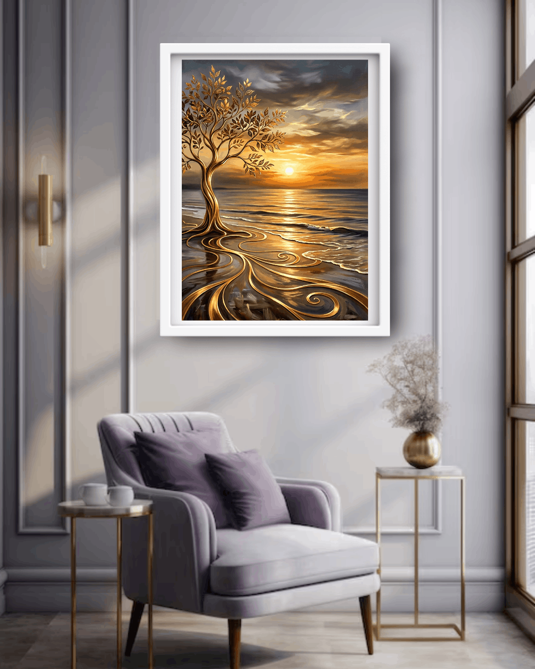 Framed artwork of a tree with roots touching water at sunset, displayed in a modern living room.