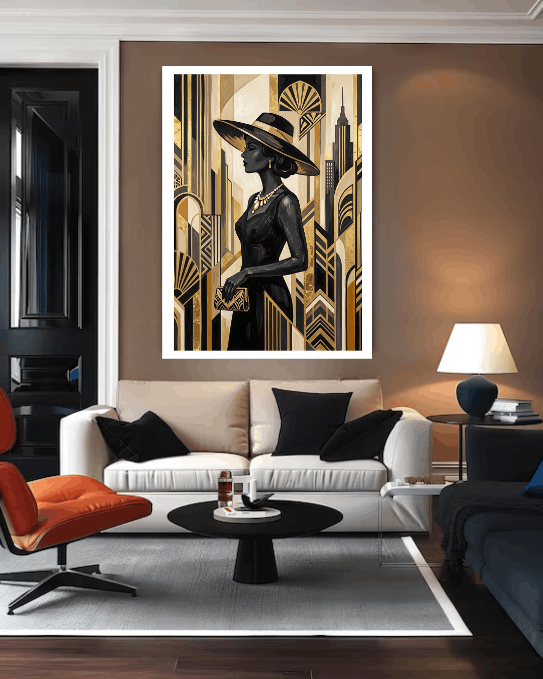 Living room with a stylish sofa, orange chair, and a framed art deco-style painting of a woman.
