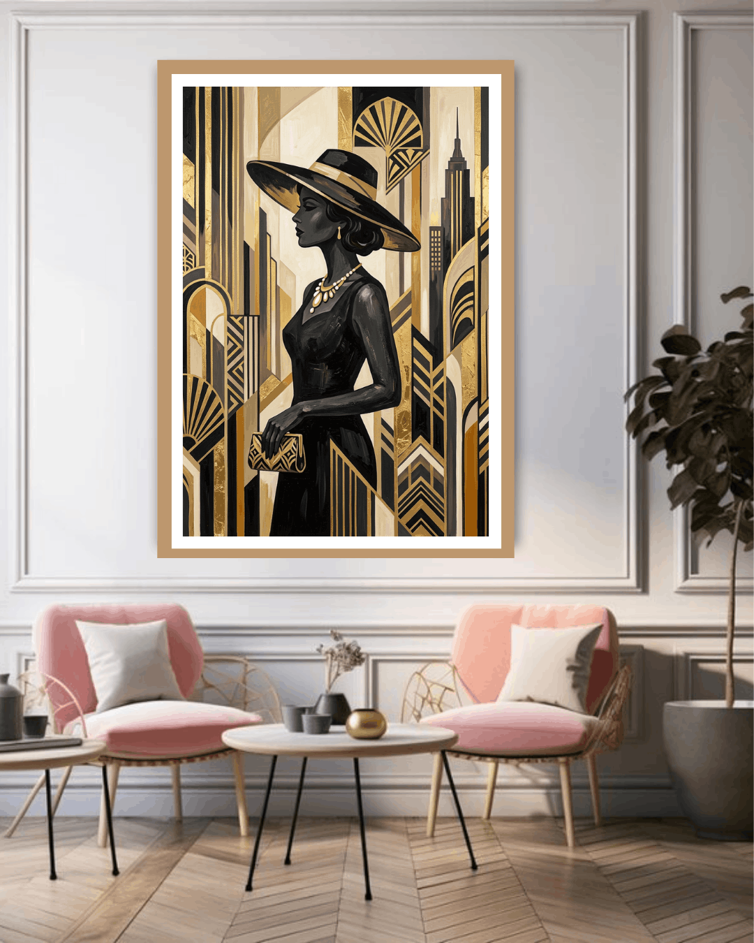 Framed art print of a stylish woman in a black dress and hat against a cityscape, displayed in a living room.