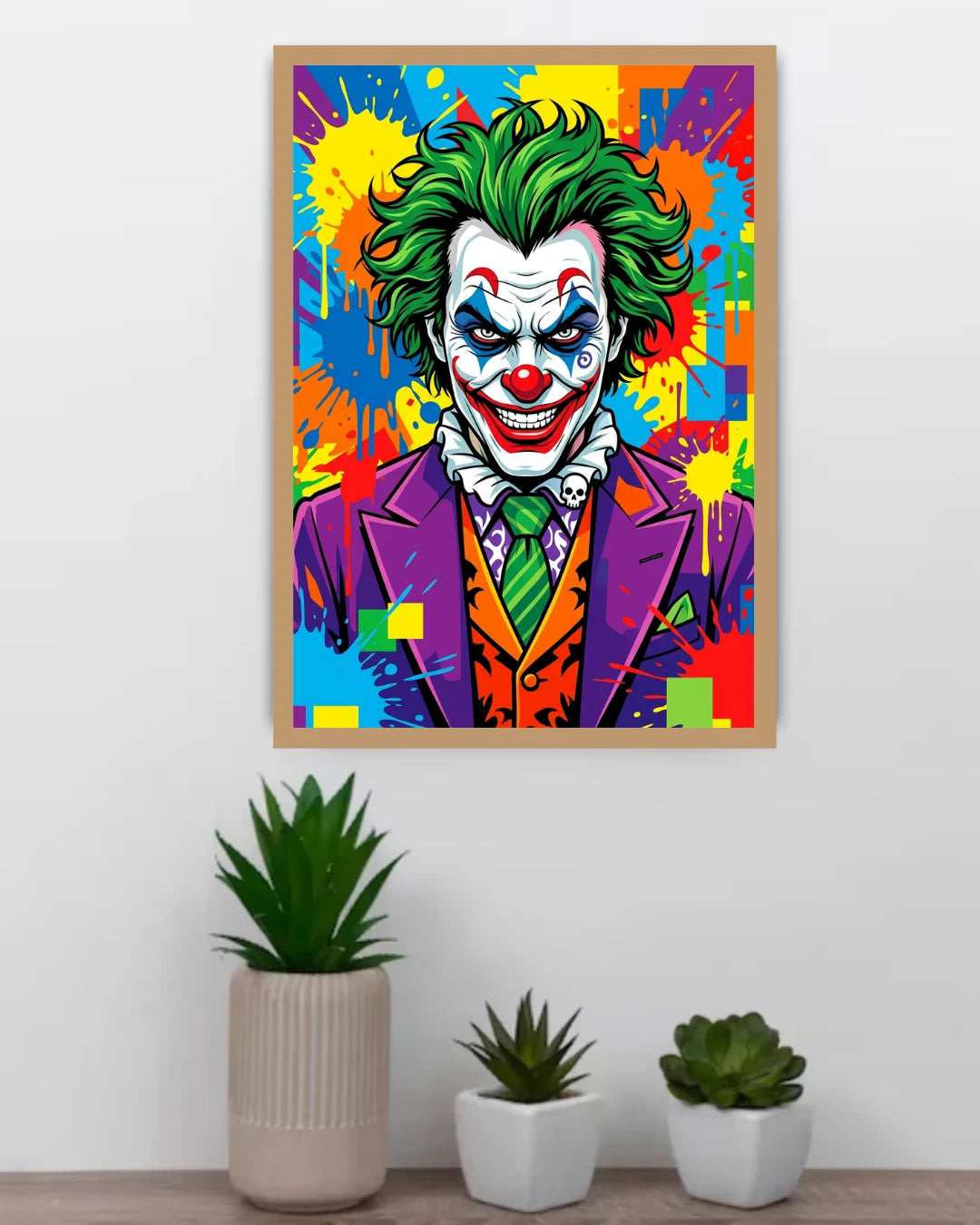 Colorful poster of a character with green hair and purple suit on a white wall with plants below.