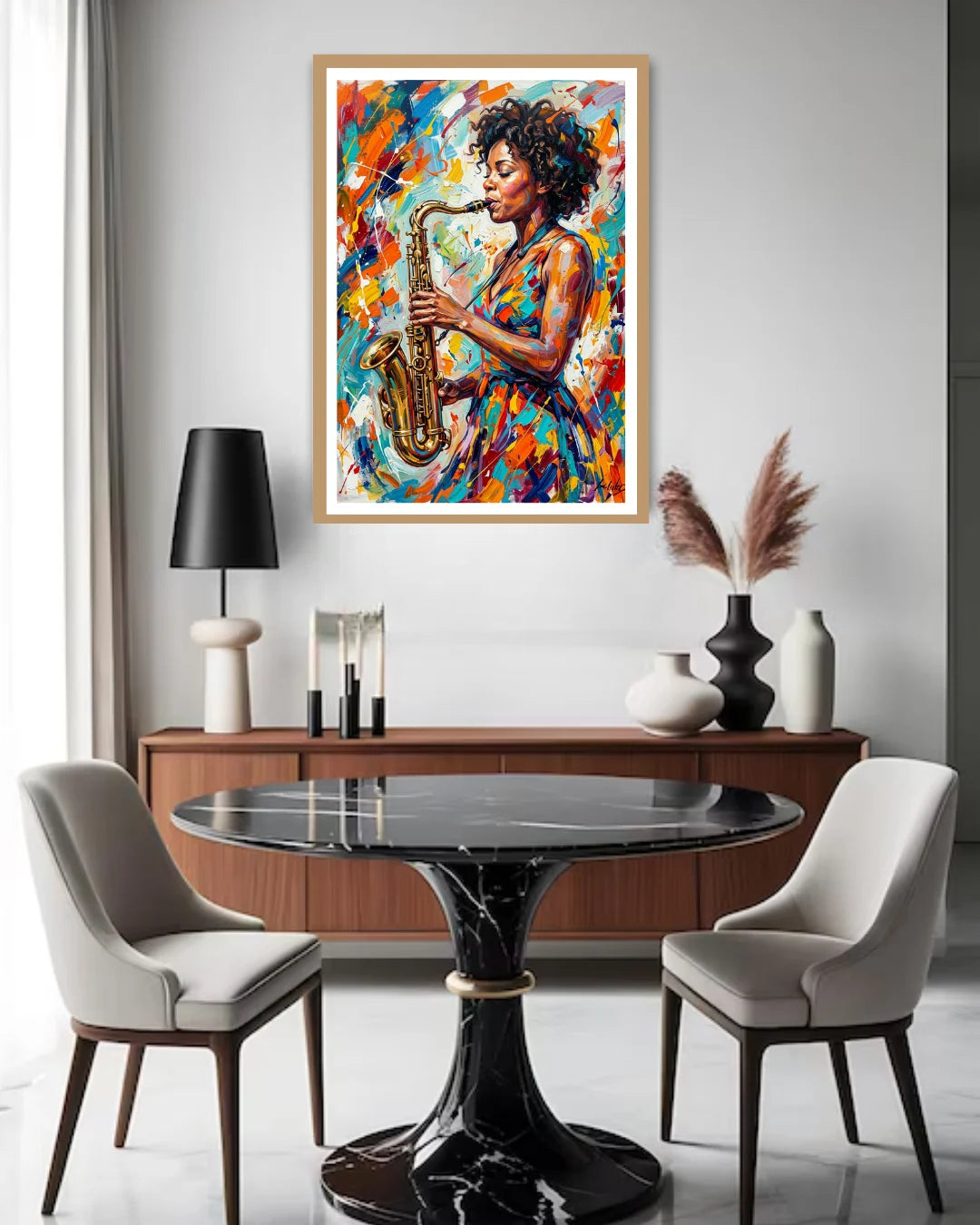 Dining room with a colorful painting of a woman playing a saxophone on the wall.