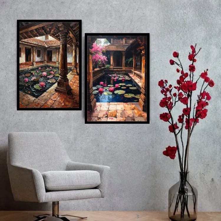 Traditional Courtyard Lotus Pond Art – Indian Heritage Wall Art Canvas WallArtVibes