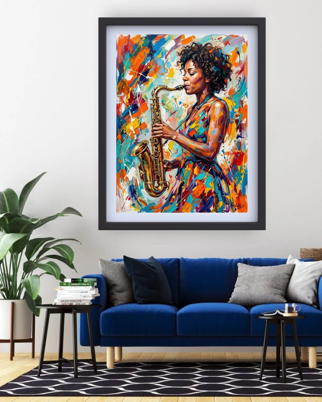 Framed artwork of a woman playing saxophone in a colorful style, hanging above a blue sofa in a living room.