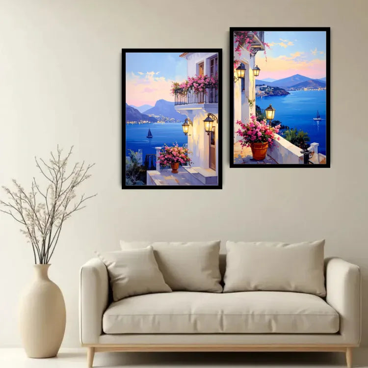 Mediterranean Sea View Balcony Art – Coastal Sunset- Wall Art Canvas