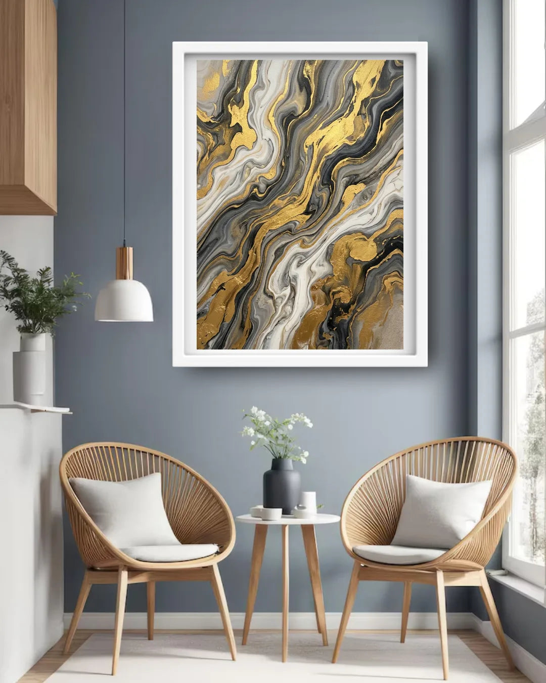 Modern living room with abstract art, chairs, and a small table.