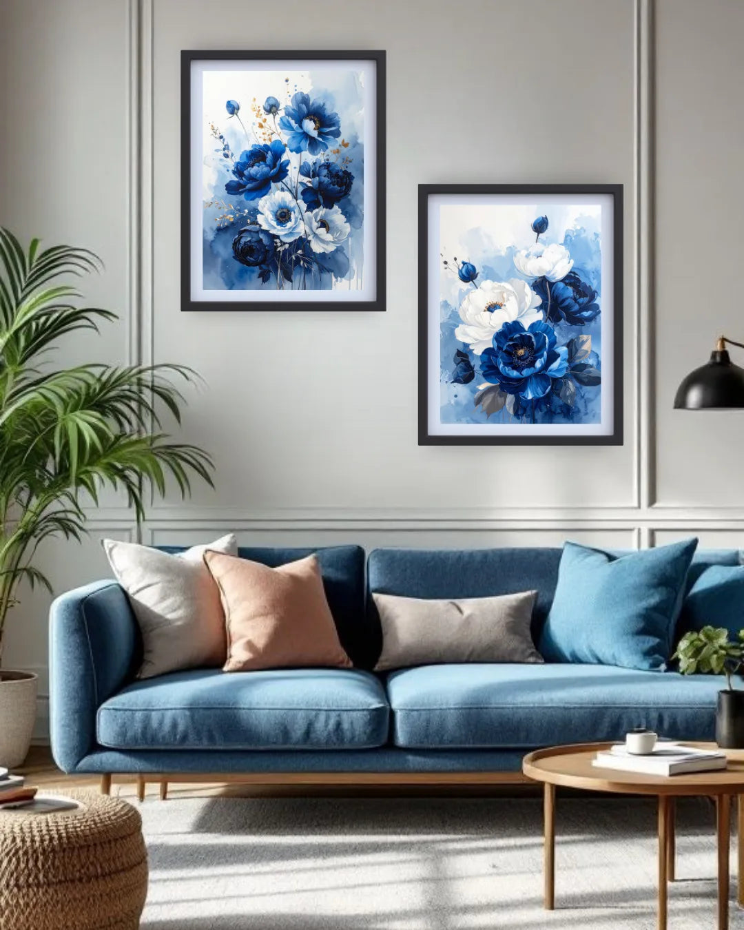 Blue sofa with decorative pillows in a living room setting with floral artwork on the wall.