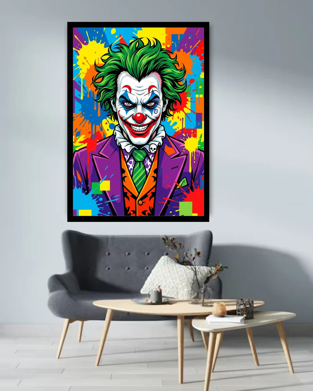 Colorful artwork of a character with a vibrant background in a modern living room.