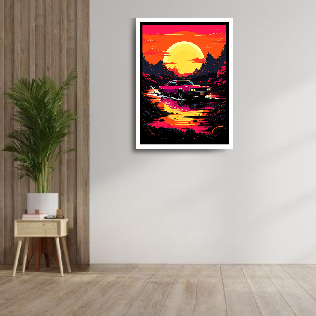 Synthwave Muscle Car Sunset Retro Canvas Art