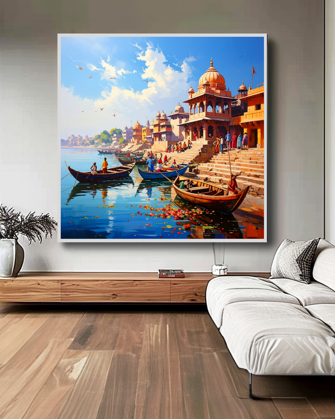 Sacred Varanasi Temple Ghat Art - Premium Canvas Painting