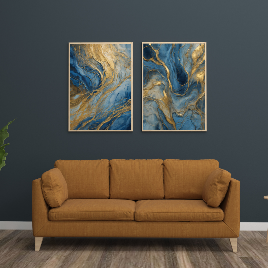 Blue Gold Fluid Art Set - Abstract Marble Diptych Canvas