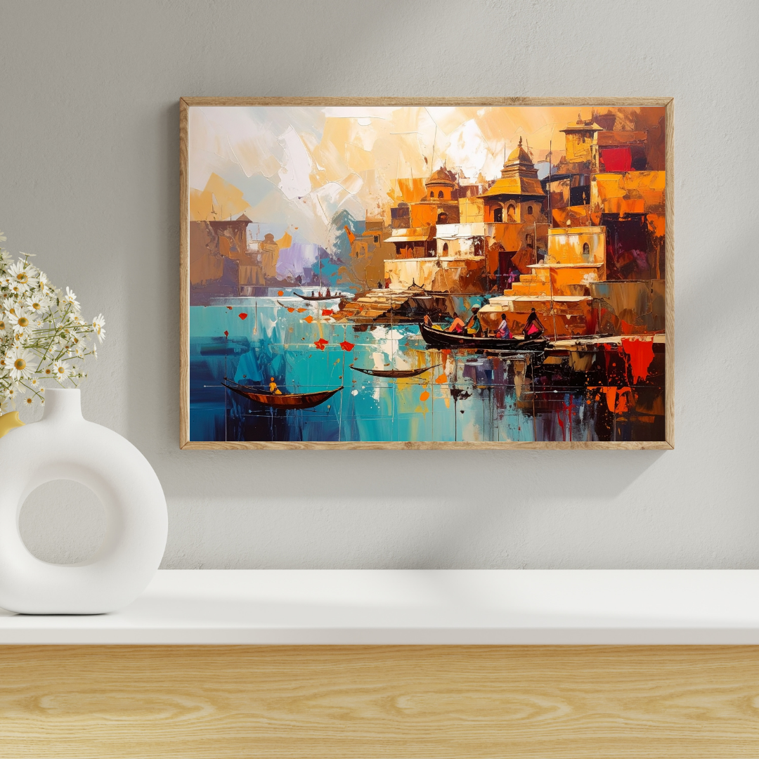 Varanasi Ghat Painting - Indian Heritage Canvas Wall Art