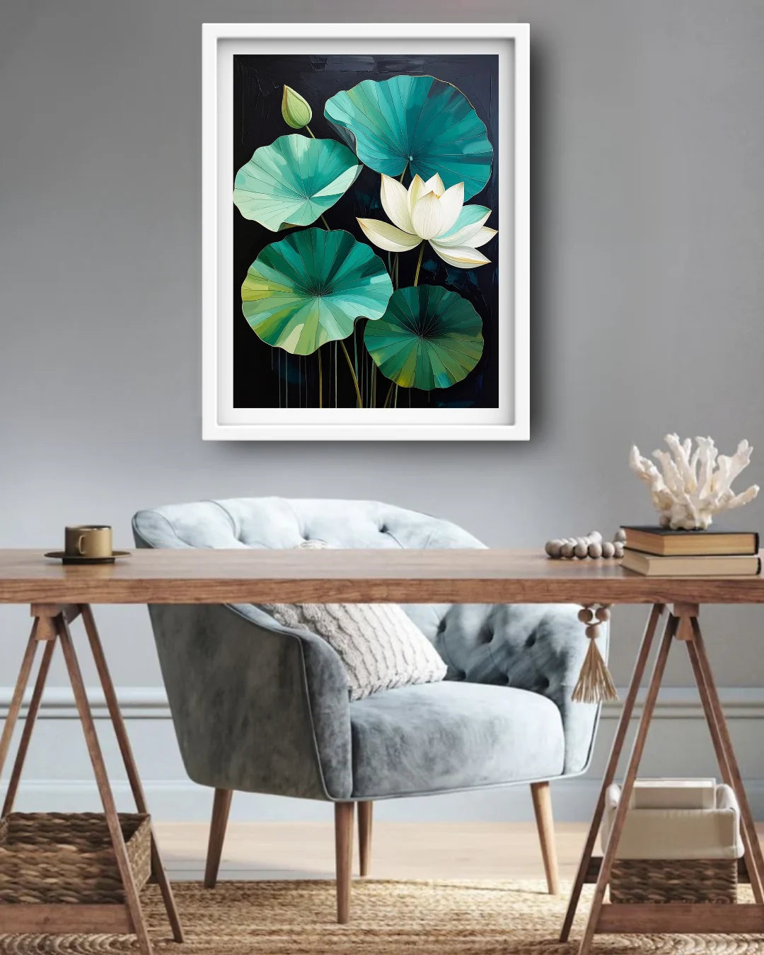 White Lotus with Teal Green Leaves – Wall Art Canvas
