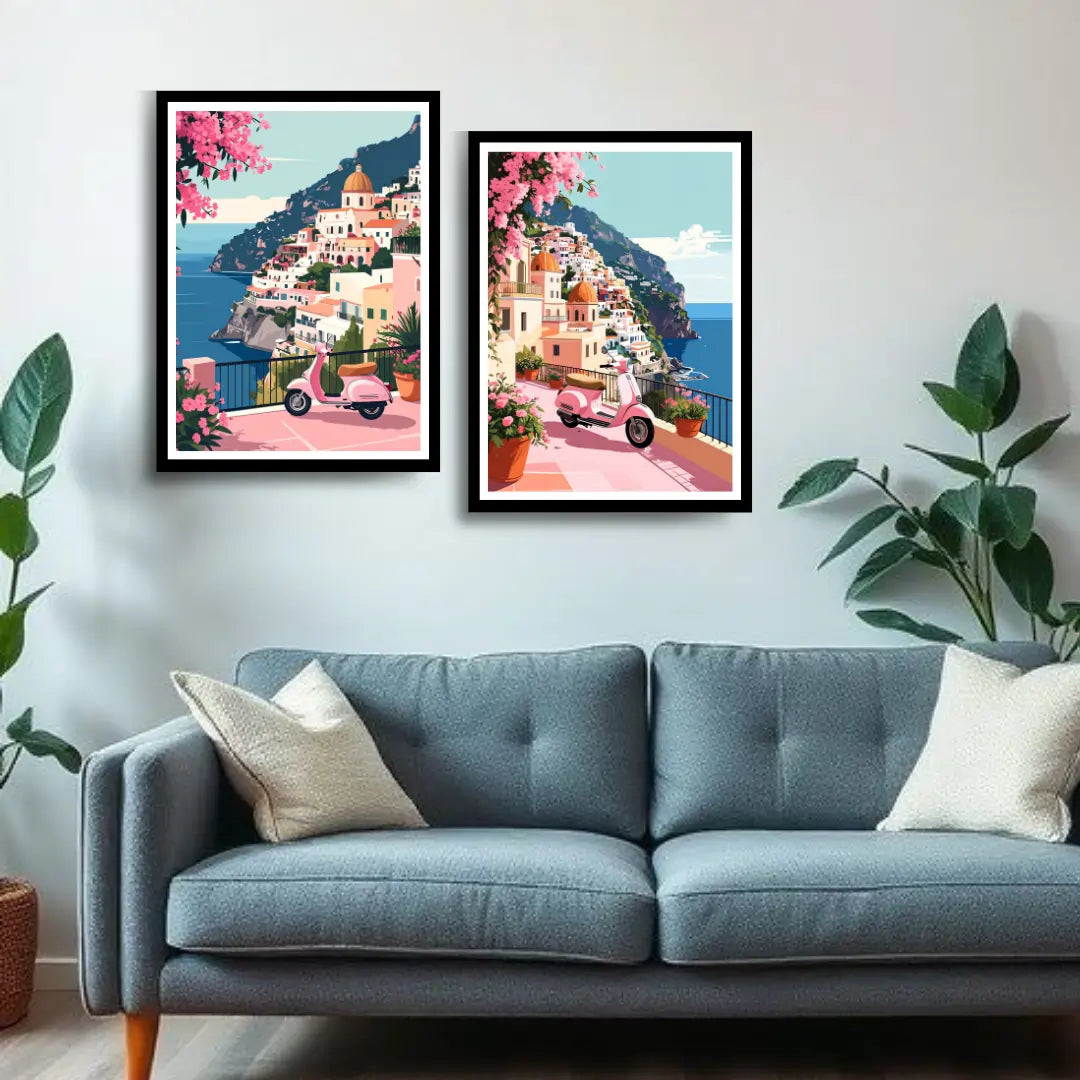 Scenic coastal village illustration canvas artwork